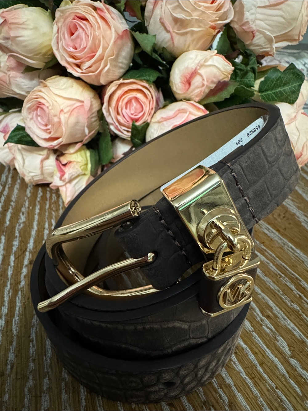 Michael Kors Brown Croc-Embossed Leather Belt with Gold Hardware